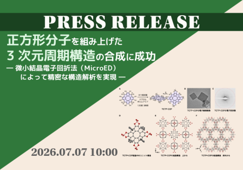 正方形分子を組み上げた3次元周期構造の合成に成功 ―微小結晶電子回折法（MicroED）によって精密な構造解析を実現―